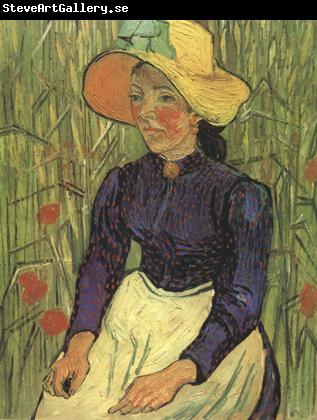 Vincent Van Gogh Young Peasant Woman with Straw Hat Sitting in the Wheat (nn04)